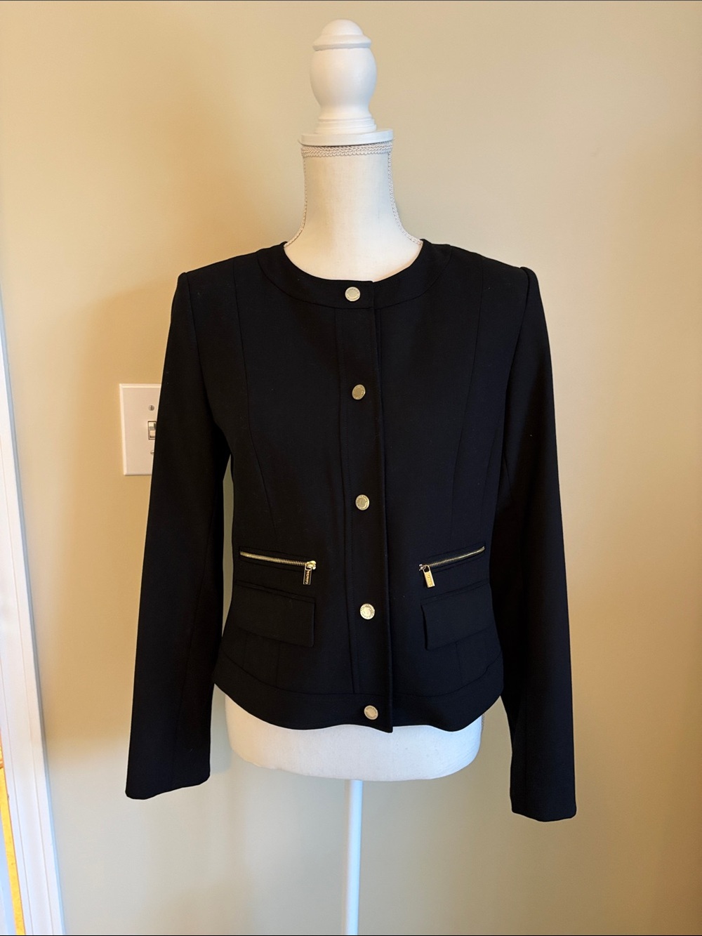Calvin Klein Black Collarless Blazer with Gold-Tone Buttons